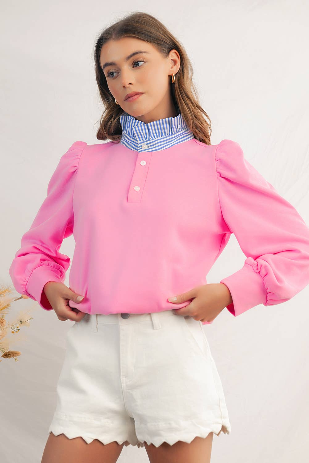 Aapparella - Wholesale Sweatshirt - Women's - Button Striped Collar Puff Sleeve Sweatshirt | S-XL 4