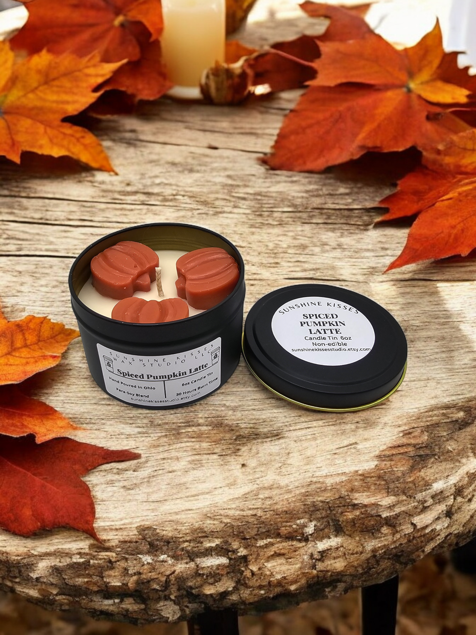 Sunshine Kisses Wax Studio LLC - Wholesale Travel Candles - Spiced Pumpkin Latte 6oz Candle Tin1