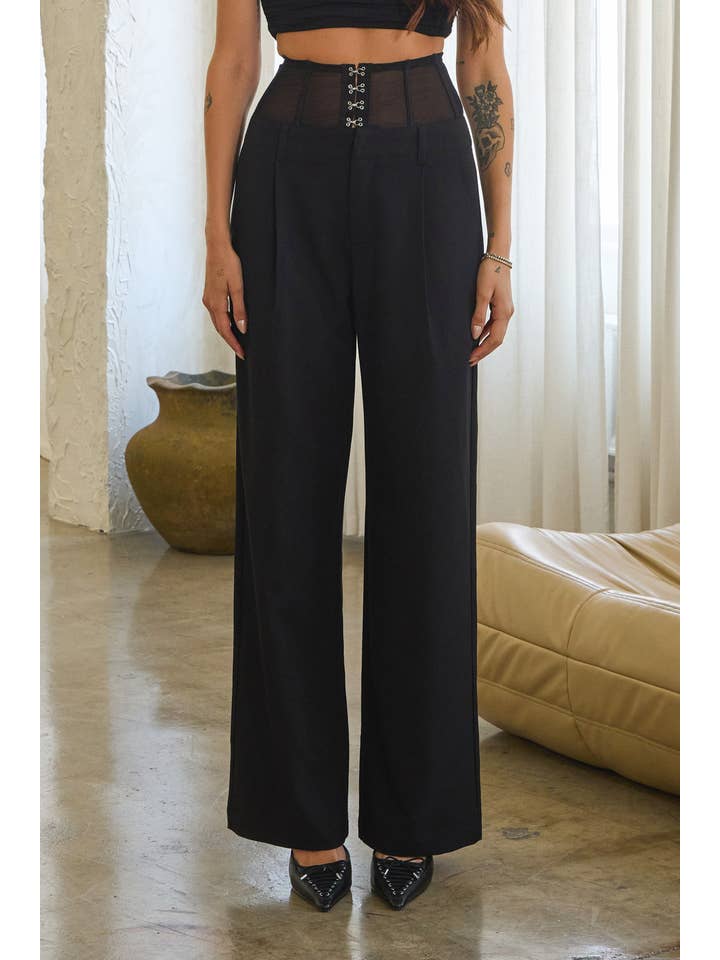 Black Mesh corset hook & eye wide leg woven slacks for wholesale on Faire1