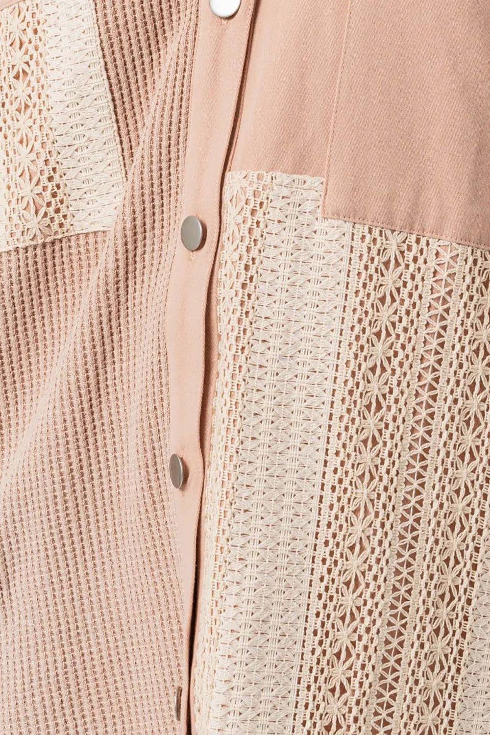 Dusty Blush Mixed Media Button Down Waffle Knit Shacket for wholesale on Faire7