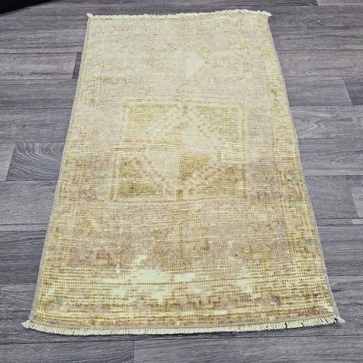 Hand Knotted Wool Bath Mat: 21x33 Neutral Vintage Turkish Oushak Rug for wholesale by MesopotamiaRugs