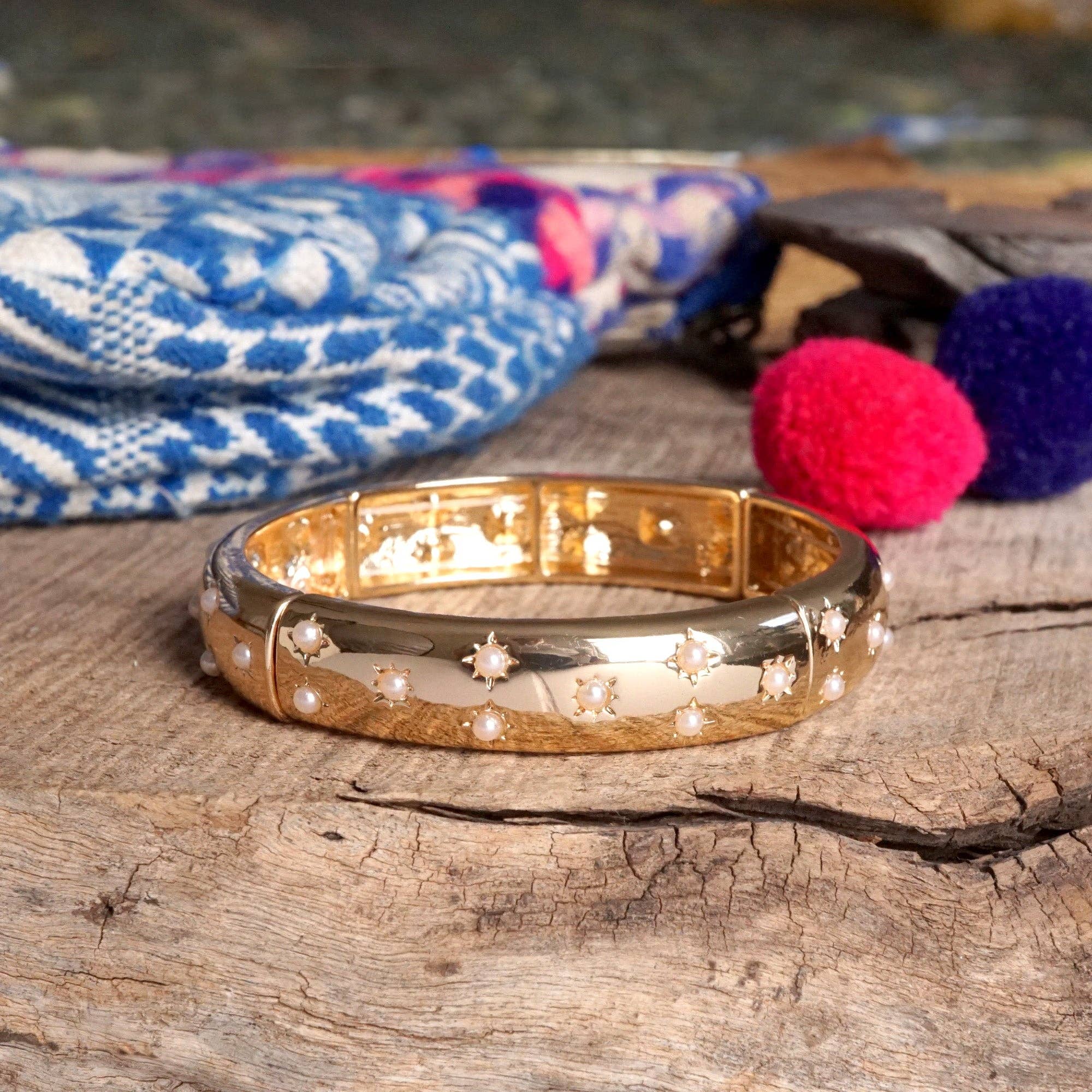 PennyLine inc - Wholesale Bangle Bracelet - Gold-Tone Eternity Stretch Bangle – Pearls, Turquoise, or Crystals6