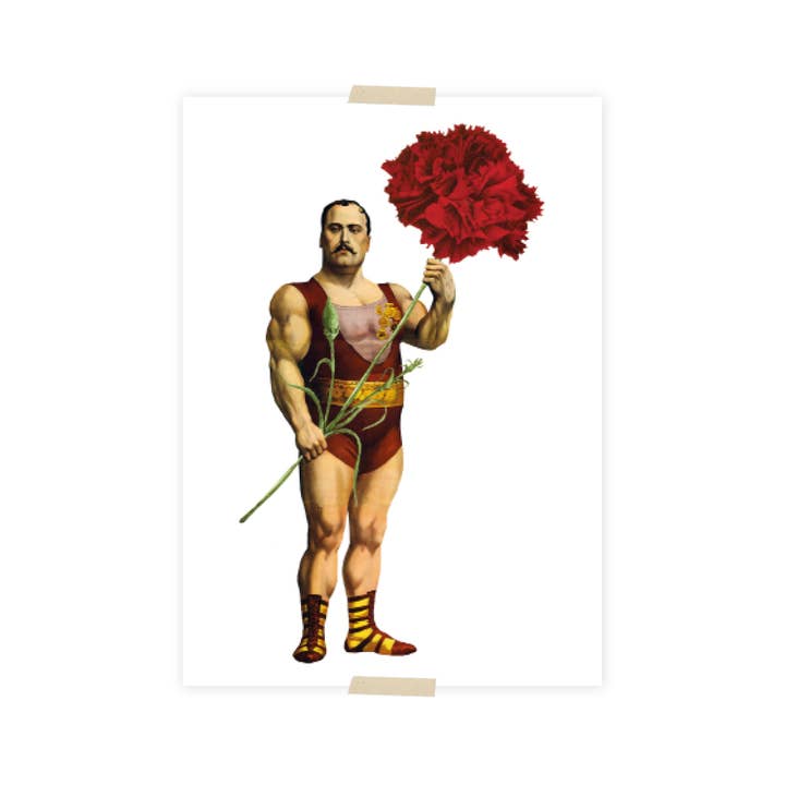 Postcard collage strong man with carnation for wholesale by Lylies