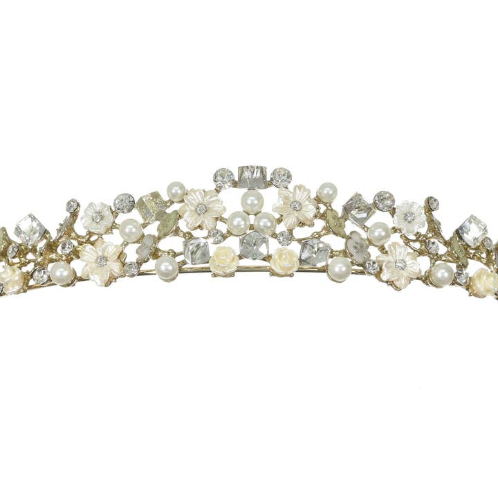 Tiare de Mariage en Or avec Cristaux Floraux, Perles et Strass CR215 pour la vente par Farinosa Bridal
