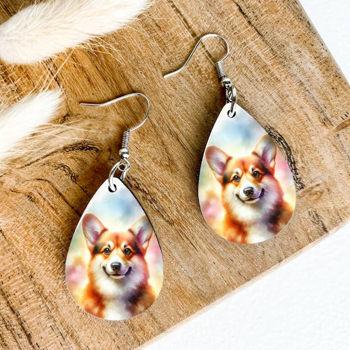 CORGI dog print dangle teardrop earrings for wholesale by Eartherella Soap & Candle Co., LLC