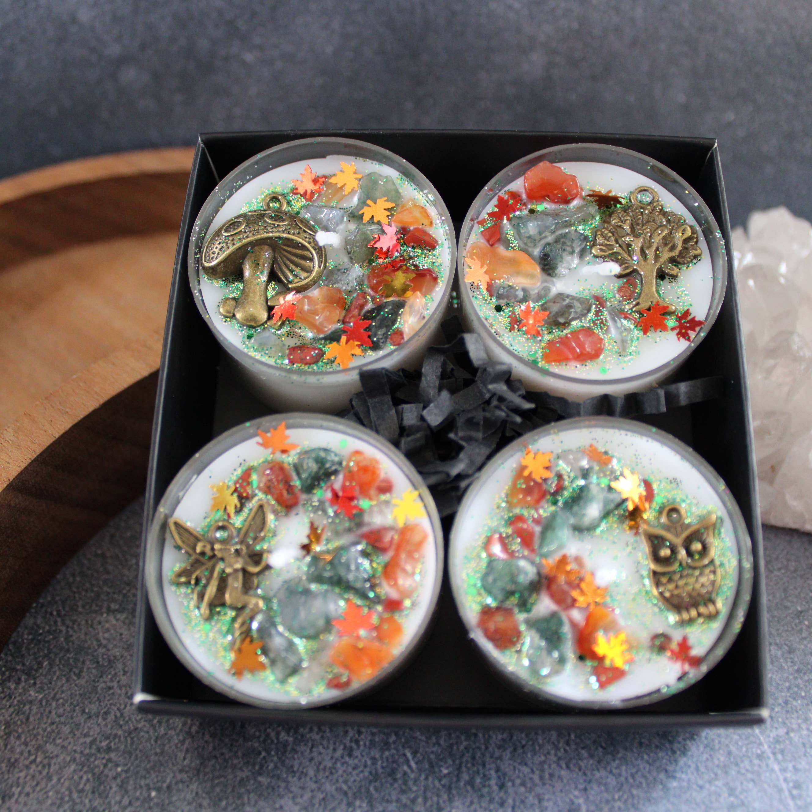 Moondust and Raven - Venta al por mayor Velas pequeñas - Velas de té Enchanted Forest con cristales, velas rituales1