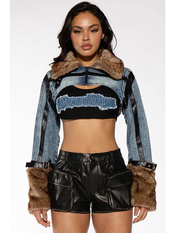 Snow Wash Fur Trimmed Crop Bolero Denim Jean Jacket for wholesale on Faire