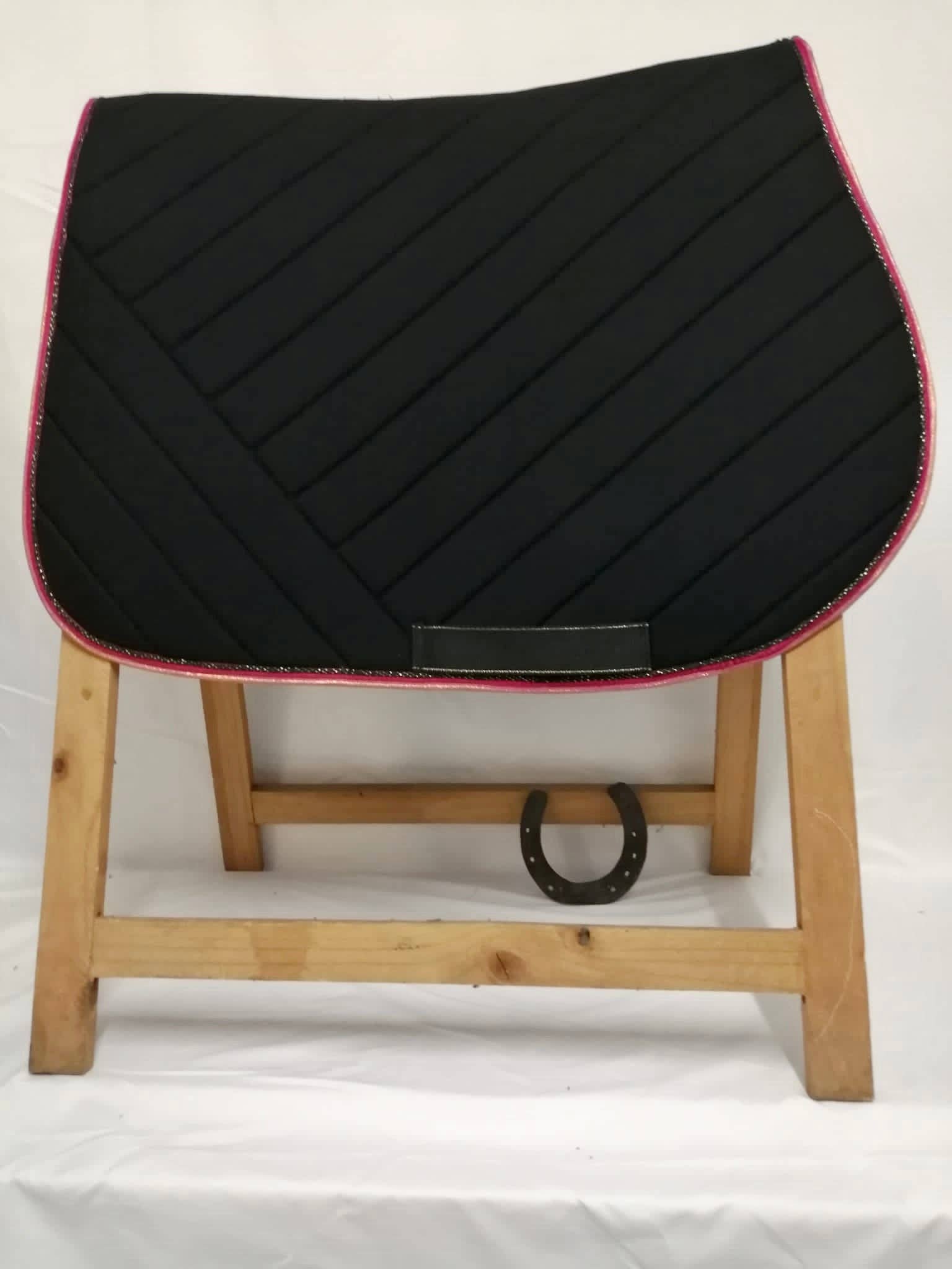 Black glitter saddle pad in fuchsia pink velvet version for wholesale on Faire2