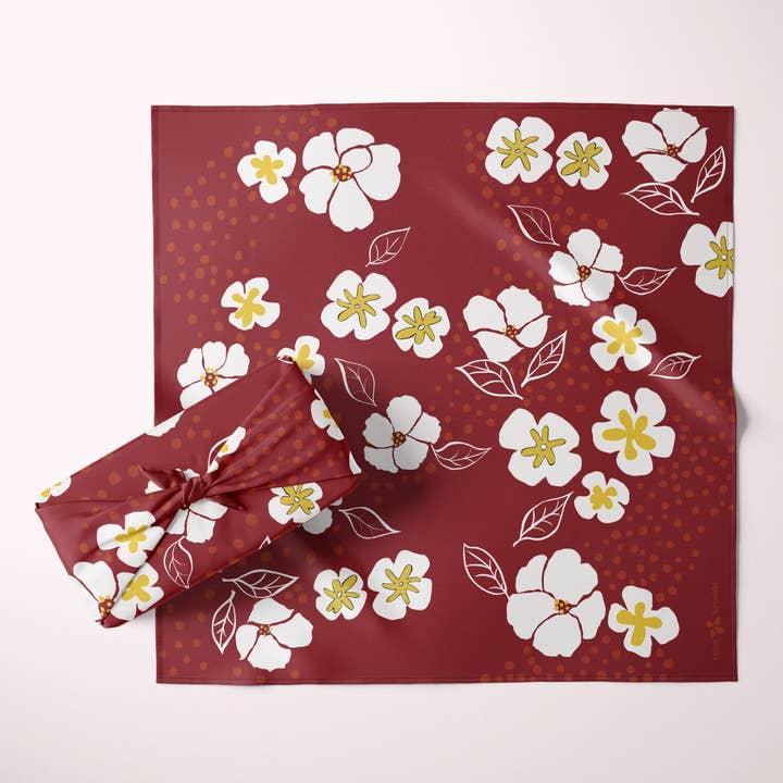 Furoshiki Reusable Japanese Fabric Gift Wrap White Camellia for wholesale by Keiko Furoshiki