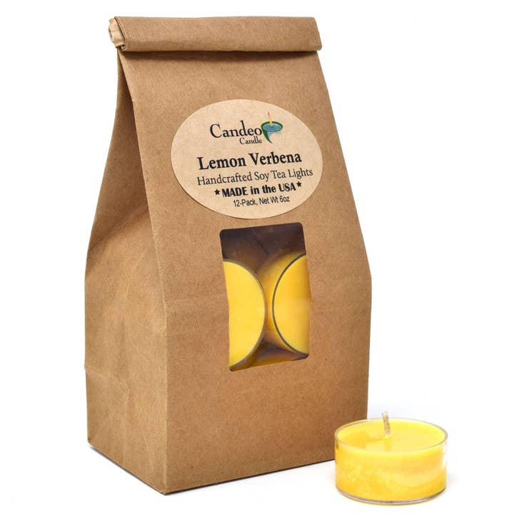 Lemon Verbena, Soy Tea Light 12-Pack for wholesale by Candeo Candle
