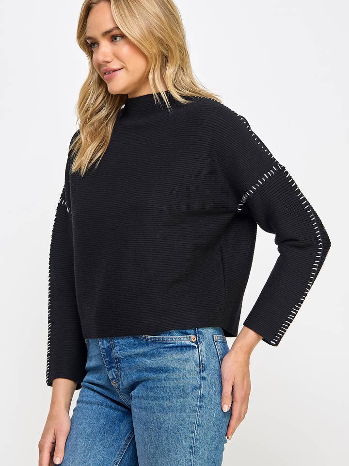 Ellison - Wholesale Knit Sweater - Women's - RT-3913-6 CONTRAST STITCH MOCK NECK SWEATER BLACK
