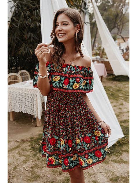 Supreme Fashion - Wholesale Dress - Women's - Boho Print Cut Ruffle Accented Pleated Short Dress