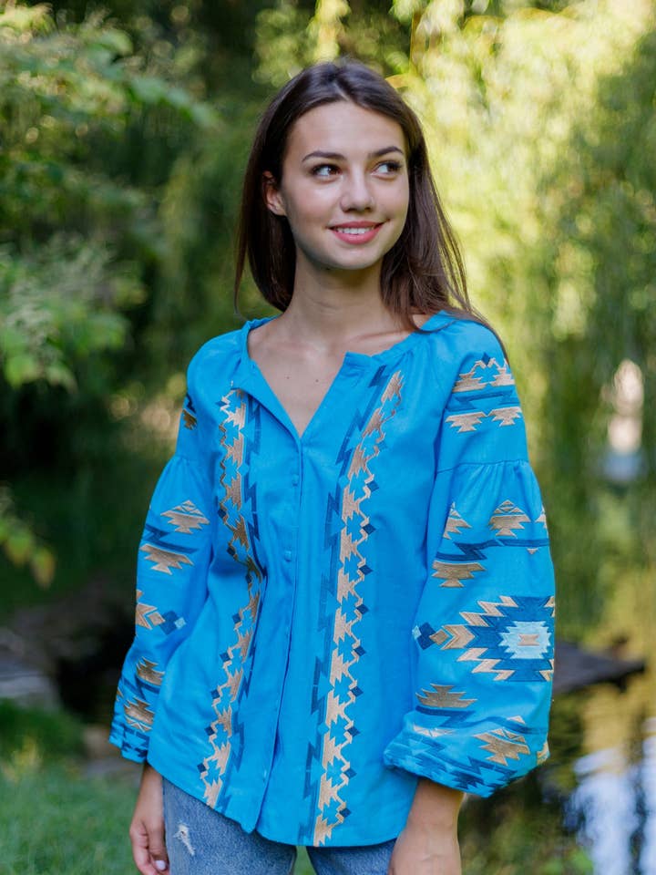 Trembita Blue Embroidered Blouse for wholesale by Galychanka