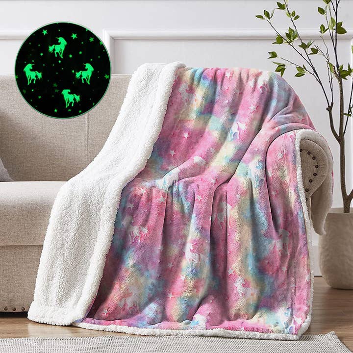 Glow in the Dark Unicorn Fluffy Sherpa Soft Warm Blanket| Rainbow for wholesale by Vinyl Warehouse NY