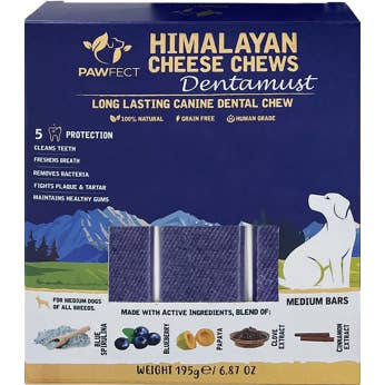 Pawfect Foods - Venta al por mayor Chuches - Perros - Pawfect Dentamust Huesos Masticables de Queso Himalayo con Arándano y Papaya para Perros | Masticables dentales duraderos con superalimentos | 100 % natural, alto en proteínas | Sin granos | Paquete de 3 para perros grandes