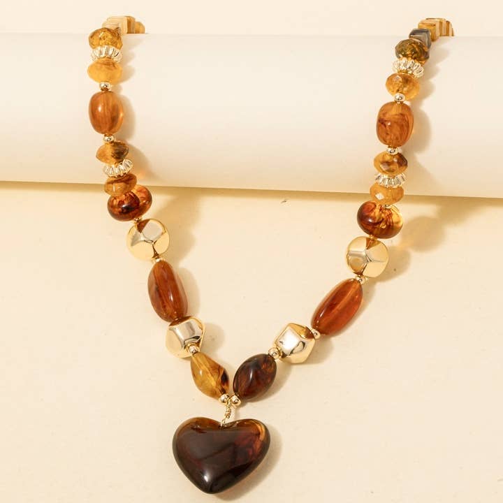 Amber Marble Resin Heart Pendant Beaded Necklace for wholesale by Anarchy Street