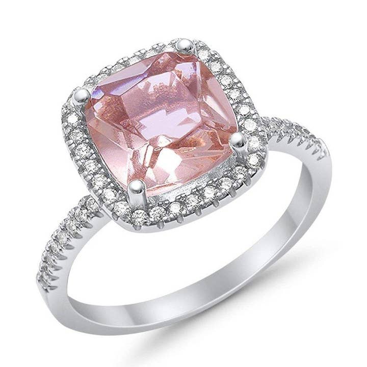 Halo Cushion Simulated Morganite CZ Engagement Ring for wholesale by Blue Apple Imports