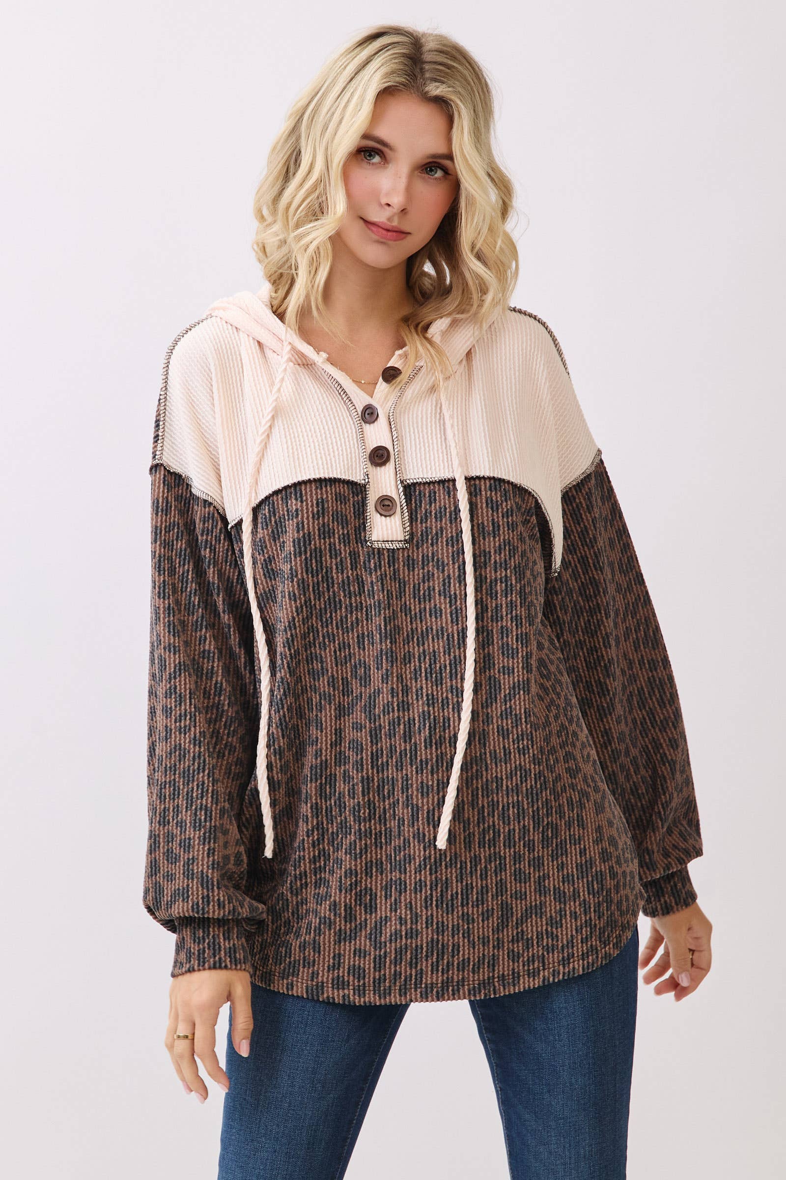 7th Ray - Wholesale Hoodie - Women's - Leopard Print Button Front Drawstring Hoodie T611517