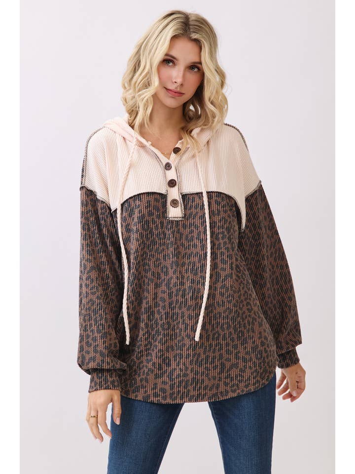 7th Ray - Wholesale Hoodie - Women's - Leopard Print Button Front Drawstring Hoodie T611517