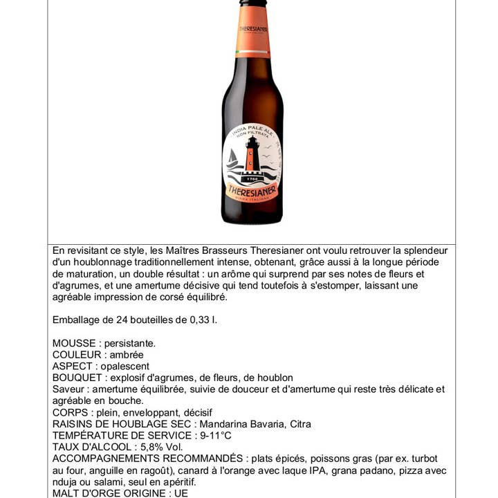 Metina SAS - Wholesale Beer - India Pale Ale Theresianer Beer 33 cl.5