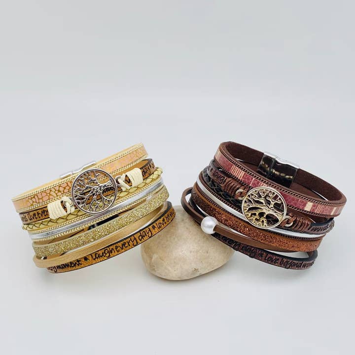 Mio Queena - Wholesale Bangle Bracelet - Tree of Life Multi-Layer Leather Bracelet | Magnetic Buckle