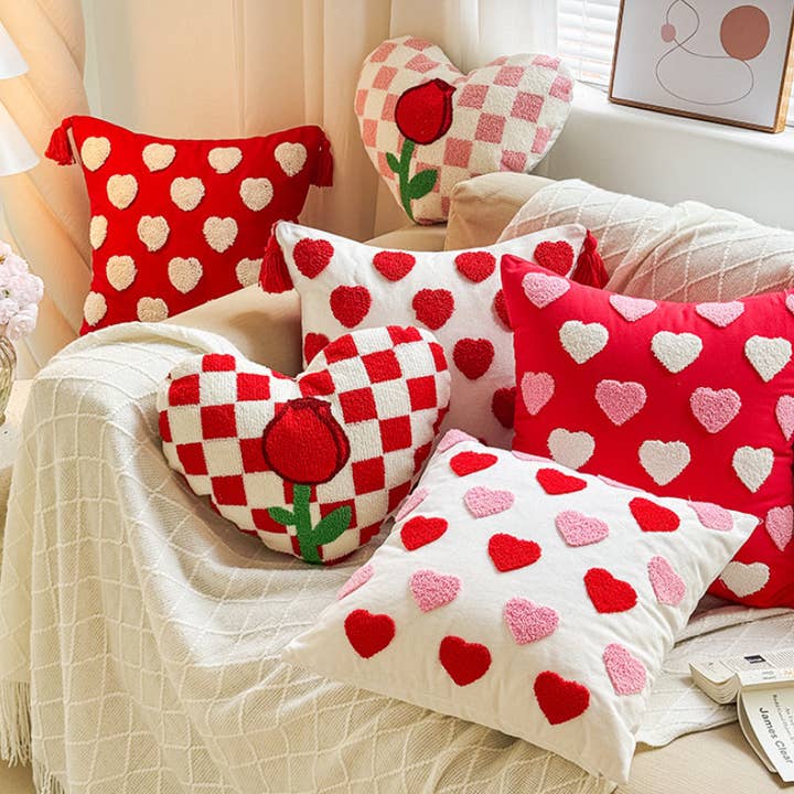 Chenille Heart Valentine Decorative Pillow with Rose Design for wholesale by Liffy