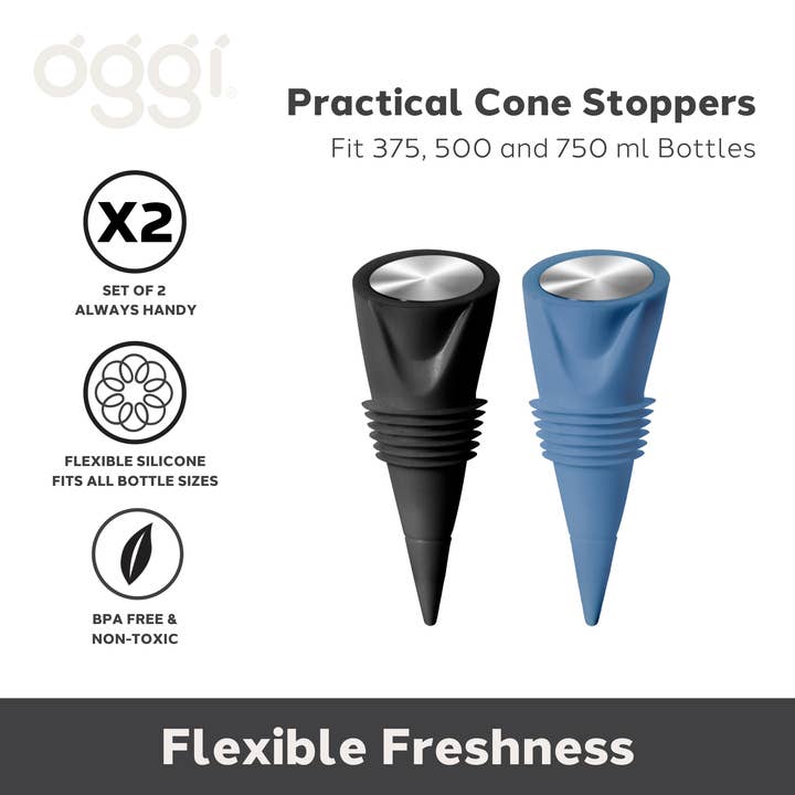 Oggi - Wholesale Wine stopper - Bottle Stoppers - Silicone Cone Stoppers s/2 - Black/Blue1