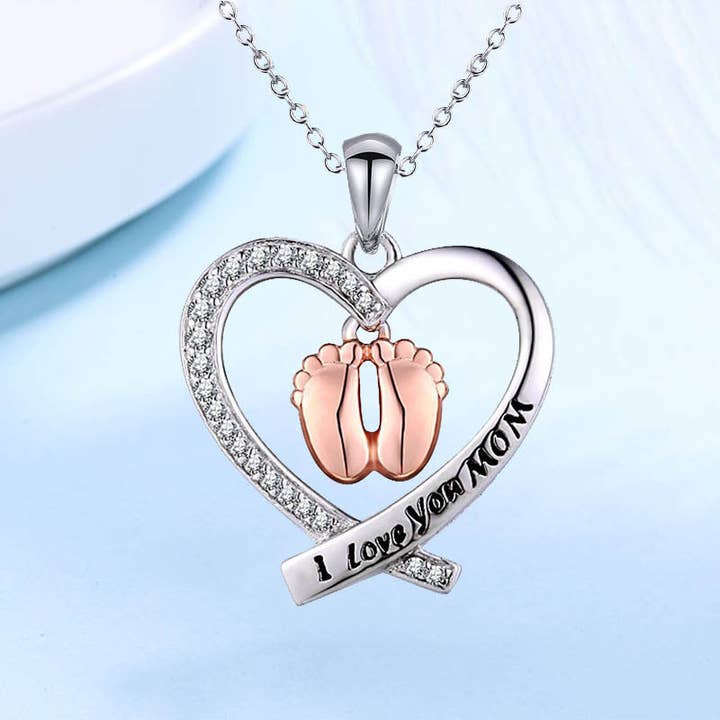 Mother's Day Heart Shape Baby Footprint Pendant Necklace for wholesale on Faire