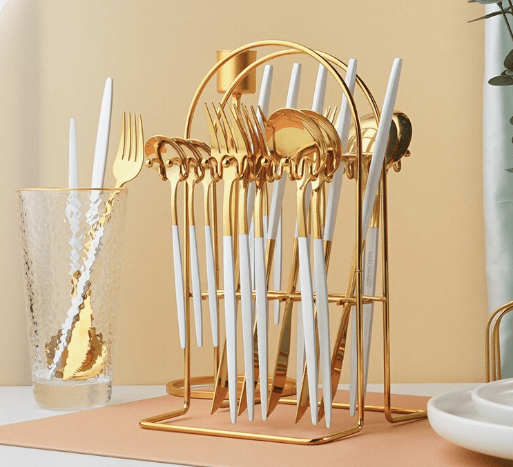 Homerely (We Cover All Import Duties) – Engroshandel Skærebestik sæt – 24-delt bestiksæt i rustfrit stål med opbevaringsstativ10