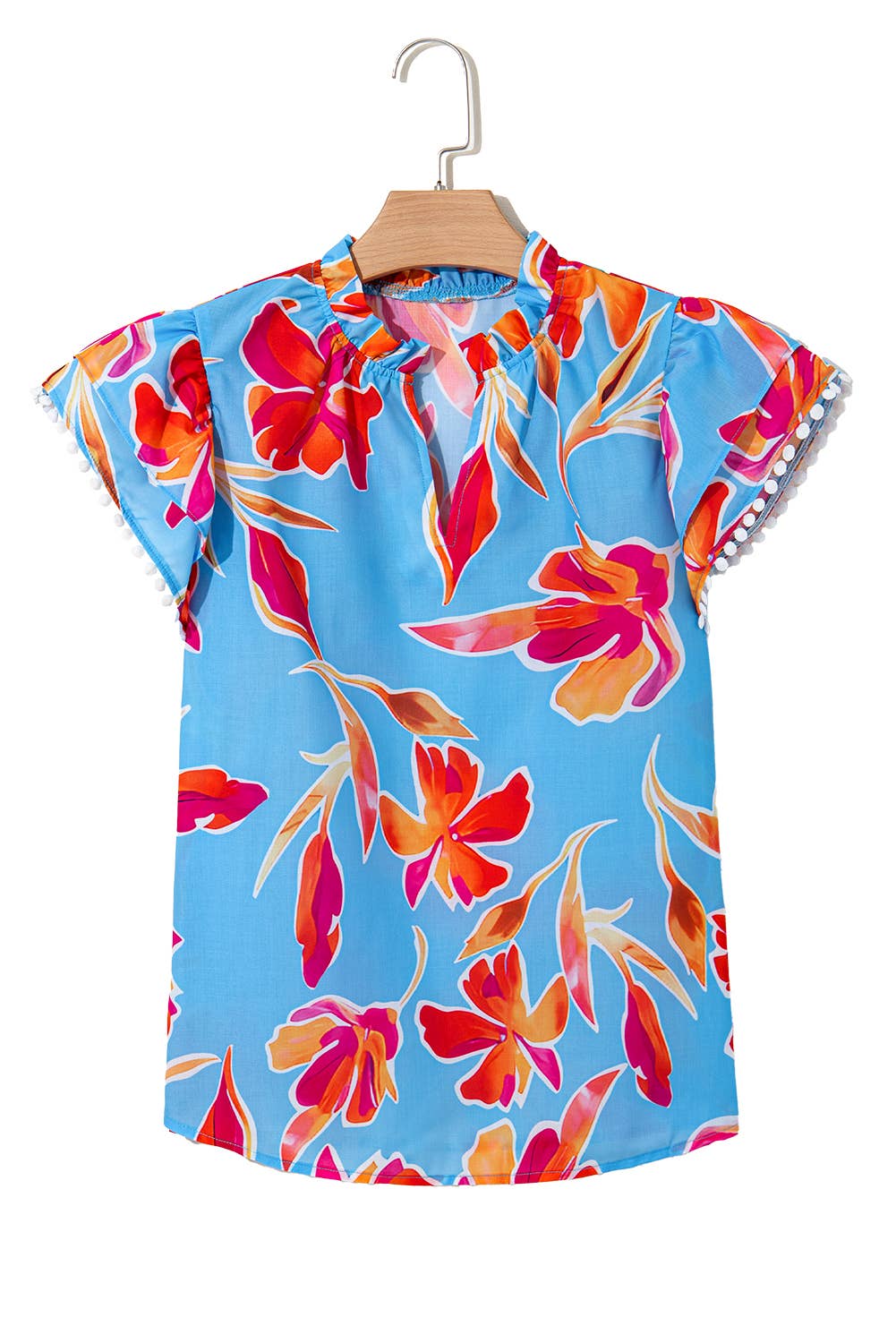 As shown Floral Print V Neck Pompom Trim Flutter Sleeve Blouse | S-XL for wholesale on Faire3