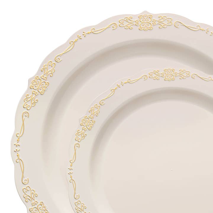 Ivory with Gold Vintage Plastic Dinnerware Set - 120 Guests for wholesale by Smarty had a Party