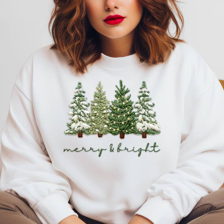 Merry & Bright Faux Embroidery Tree Crewneck for wholesale by Fui Fuío by Ktna
