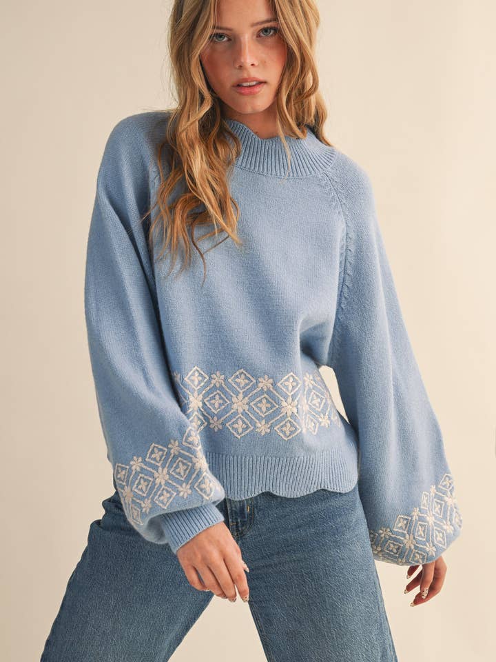 &MERCI - Wholesale Knit Sweater - Women's - SCALLOPED MOCK NECK SWEATER WITH EMBROIDERY MSW1101345