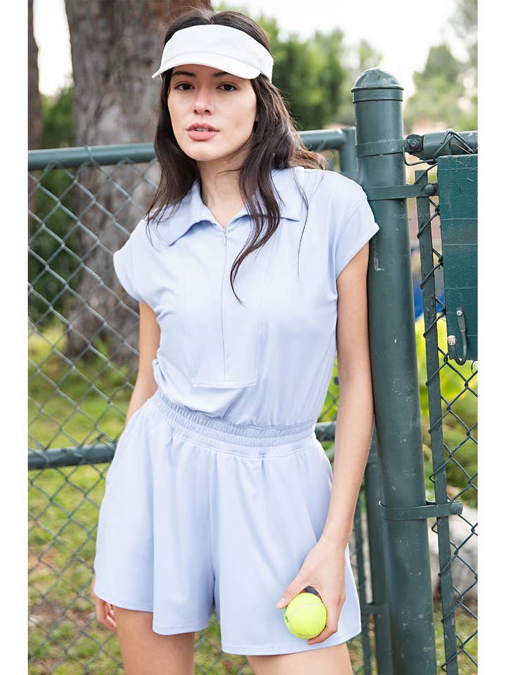 BUTTER SHORT SLEEVE QUARTER ZIP ROMPER for wholesale by Rae Mode