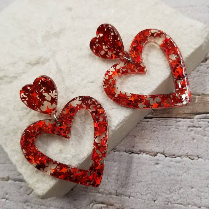 Confetti Red Heart Valentine's Day Earrings for wholesale by Treasure Wholesale