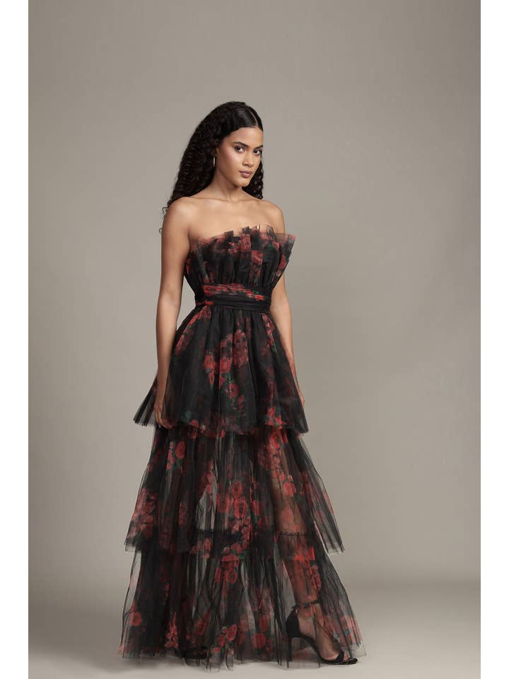 Natalia Tulle Maxi Dress in Black and Red Floral for wholesale on Faire3