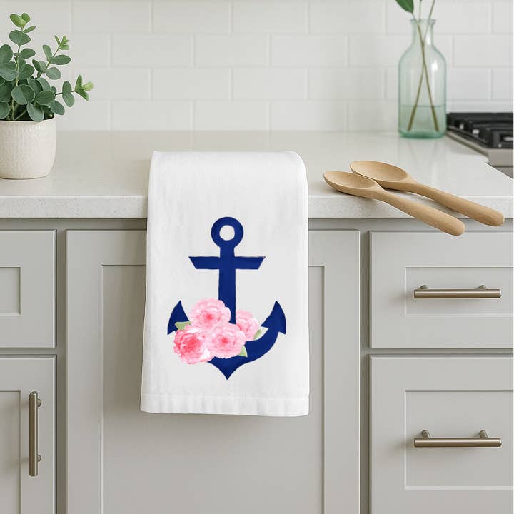 Peachy Pendants - Wholesale Tea Towel - Tea Towel - Anchor with Peonies