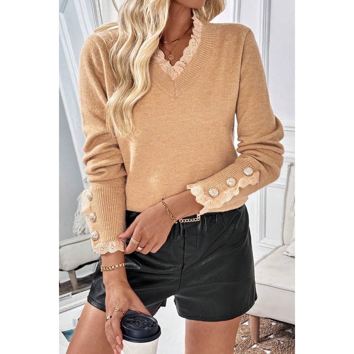 khaki Solid Crew Neck Lace Trim Button Knit Sweater for wholesale on Faire2