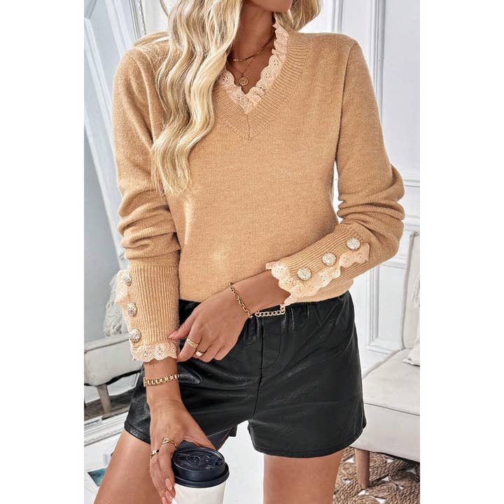 khaki Solid Crew Neck Lace Trim Button Knit Sweater for wholesale on Faire2