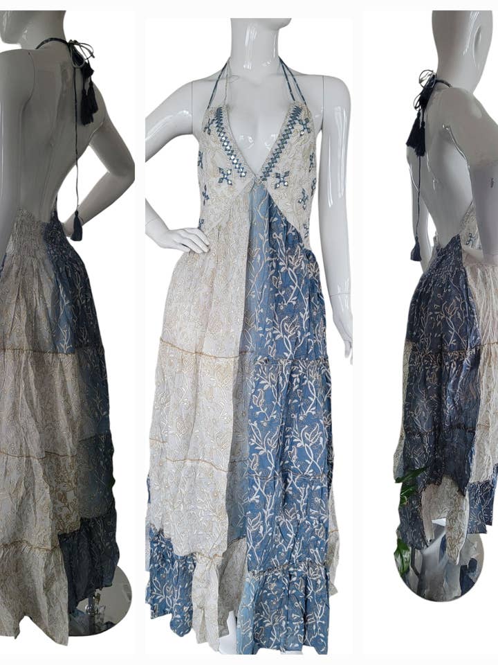 Vestido Largo de Algodón TD2501 Espalda Abierta - Azul/Blanco para venta al por mayor de Evergreen Guardian Imports