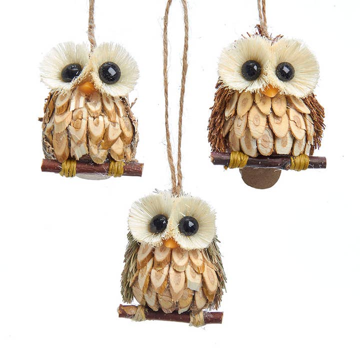 2.4"WOOD & SISAL OWL ORNAMENT 3/ASSTD for wholesale by Kurt S. Adler, Inc.