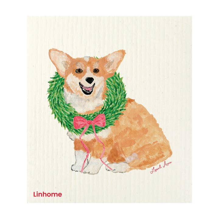 Linhome - Wholesale Dishcloth - Holiday Paws Collection Festive Corgi - Linhome x Liesel Anne Swedish Dishcloths - 1 Pack