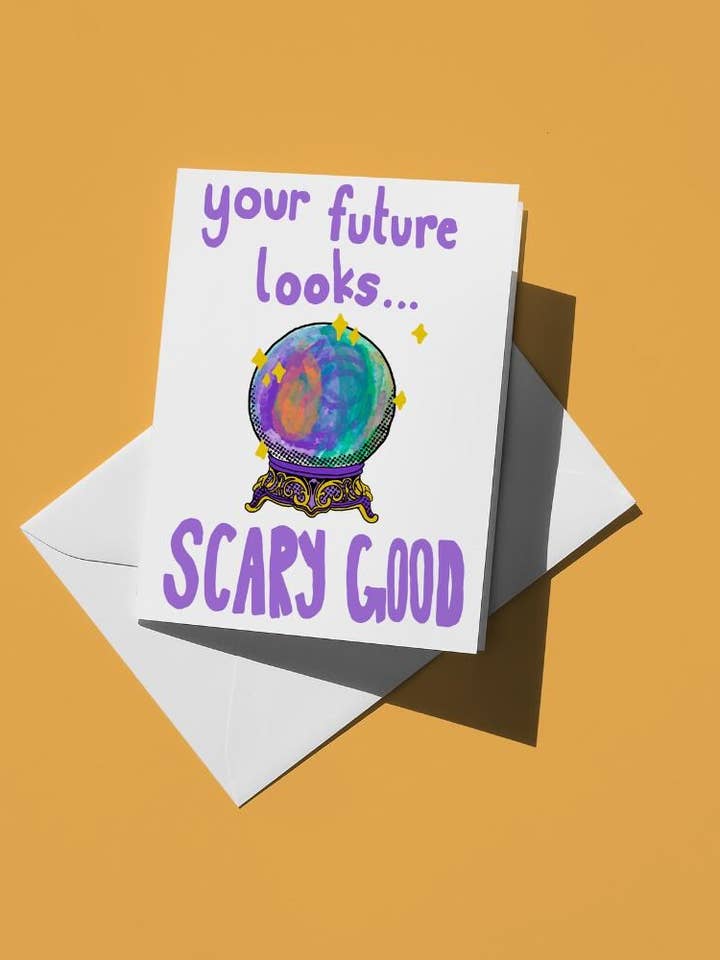 Tarjeta de felicitación de Halloween con bola de cristal del futuro | Tarjeta de aliento mágica dibujada a mano | Tarjeta de Halloween para niños, linda solo porque es otoño, juego de palabras A2 para venta al por mayor de semiserious studio