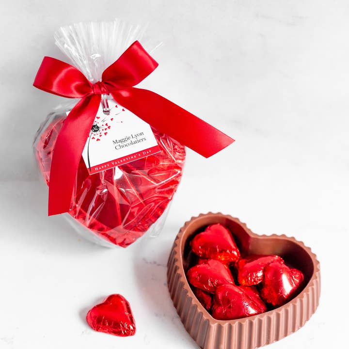 Valentine's Milk Chocolate Heart Box with Red Foiled Hearts for wholesale by Maggie Lyon Chocolatiers