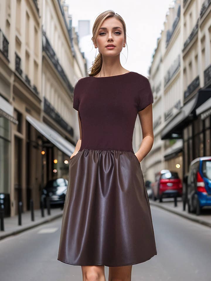 ELLE CAP SLEEVE DRESS (DARK WINE VEGAN LEATHER) - VD3444PU for wholesale by VAVA by Joy Han