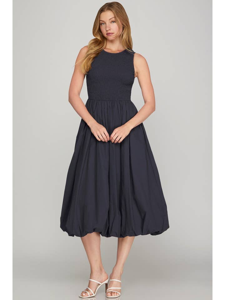 Peace Love Line - Wholesale Dress - Women's - PL6295 - SMOCKED TOP WOVEN MIDI BUBBLE DRESS