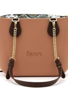 Petite ROSE BEIGE with snakeskin print inner and coffee / gold chain handle for wholesale by Fenn Collection UK