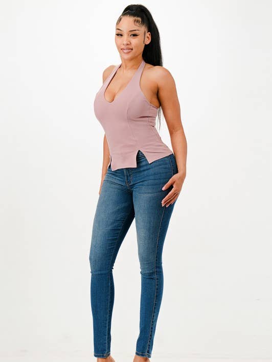 A20093-Nylon Ponte Halter Tie-Back Top (Copy) for wholesale by April Moon