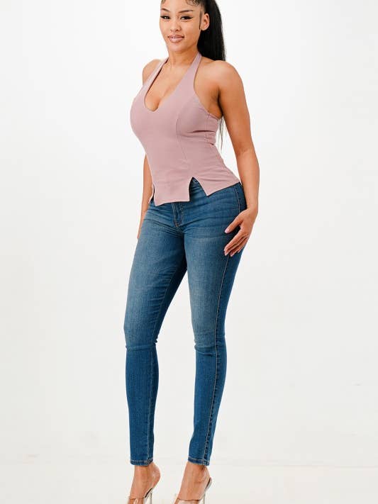 A20093-Nylon Ponte Halter Tie-Back Top for wholesale by April Moon