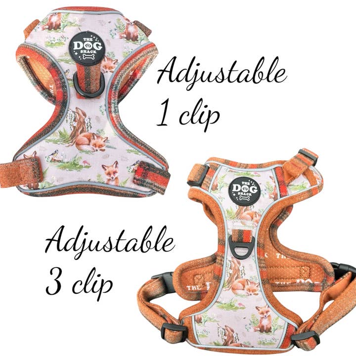Harnais réglable 1 clip et 3 clips - tweed orange x Fern Fox pour la vente par The Dog Shack